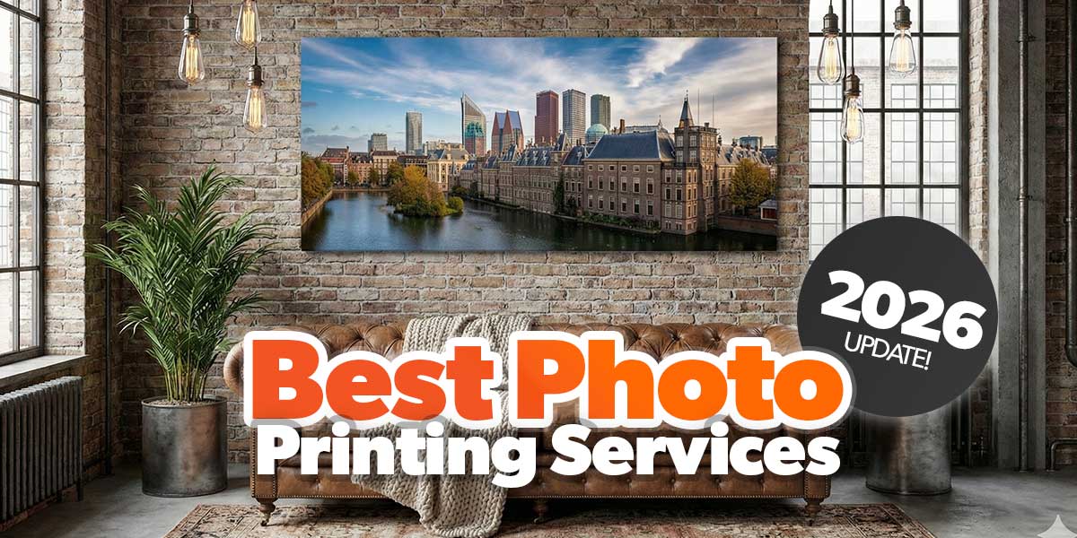 Large Xpozer photo print displayed above a sofa in a modern living room, with overlay text "Best Photo Printing Services 2026"