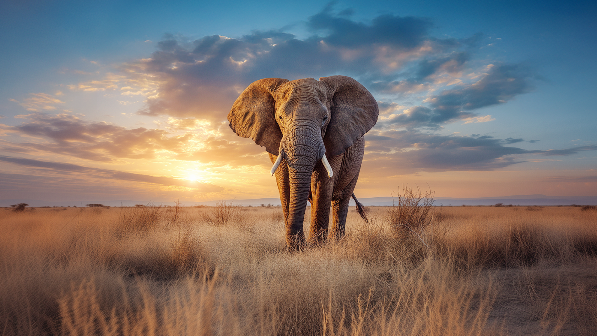 Elephant standing in a grassy field with a sunset sky